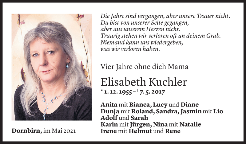  Todesanzeige für Elisabeth Kuchler vom 06.05.2021 aus Vorarlberger Nachrichten