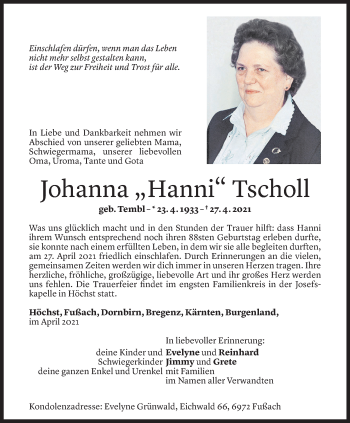 Todesanzeige von Johanna Tscholl von Vorarlberger Nachrichten