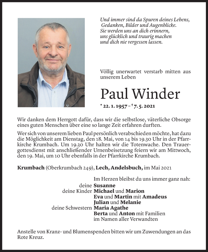  Todesanzeige für Paul Winder vom 17.05.2021 aus Vorarlberger Nachrichten