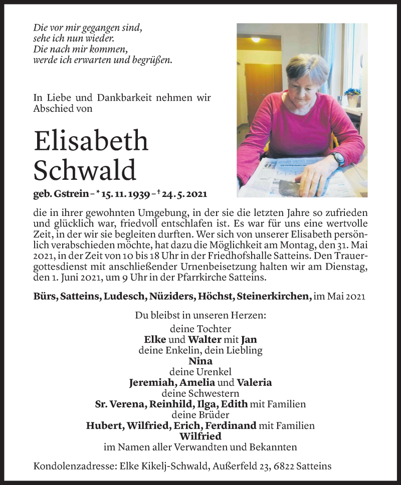  Todesanzeige für Elisabeth Schwald vom 28.05.2021 aus Vorarlberger Nachrichten