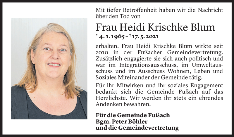  Todesanzeige für Heidi Krischke Blum vom 18.05.2021 aus Vorarlberger Nachrichten