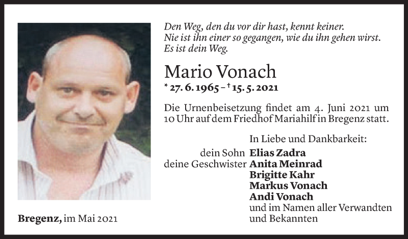  Todesanzeige für Mario Vonach vom 31.05.2021 aus Vorarlberger Nachrichten