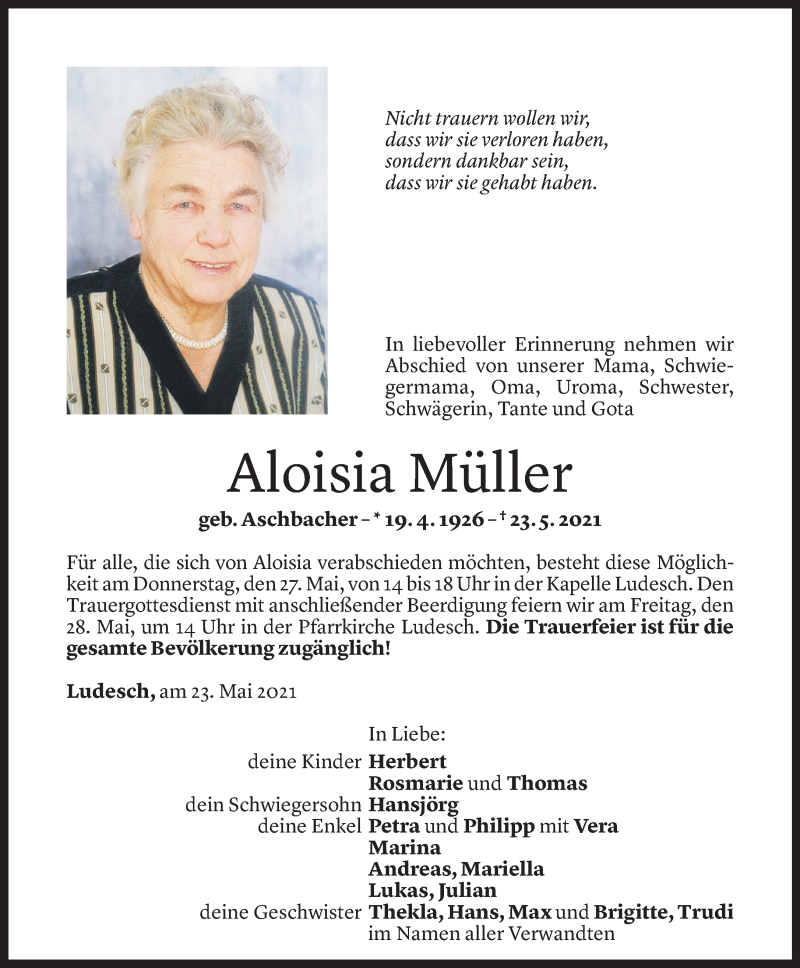  Todesanzeige für Aloisia Müller vom 25.05.2021 aus Vorarlberger Nachrichten