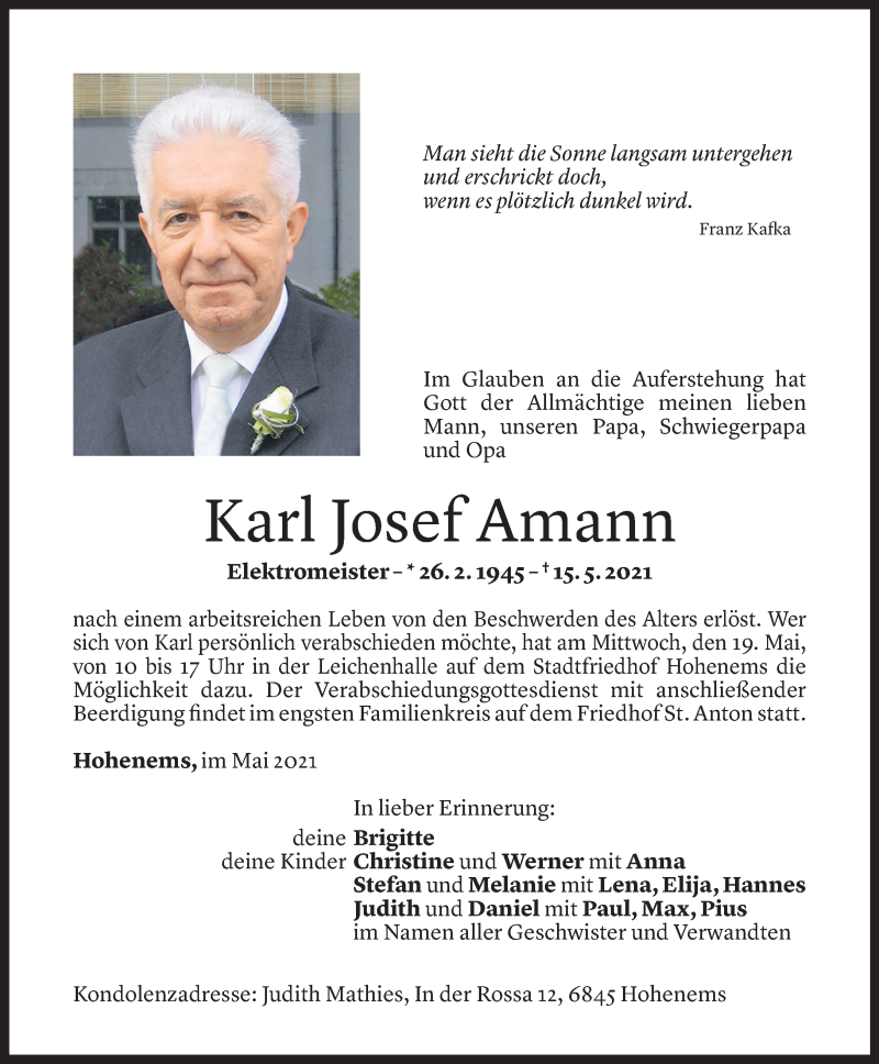  Todesanzeige für Karl Josef Amann vom 18.05.2021 aus Vorarlberger Nachrichten