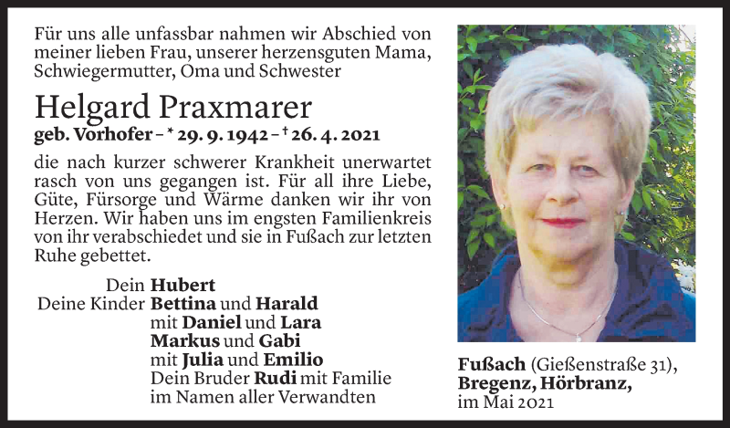  Todesanzeige für Helgard Praxmarer vom 05.05.2021 aus Vorarlberger Nachrichten
