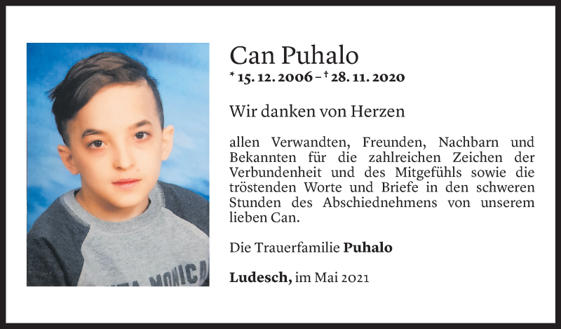  Todesanzeige für Can Puhalo vom 29.05.2021 aus Vorarlberger Nachrichten