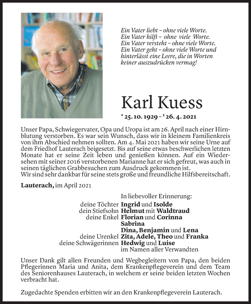  Todesanzeige für Karl Kuess vom 05.05.2021 aus Vorarlberger Nachrichten