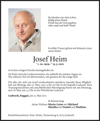Todesanzeige von Josef Heim von Vorarlberger Nachrichten