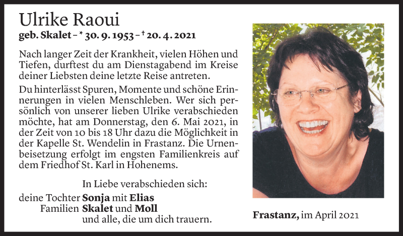  Todesanzeige für Ulrike Raoui vom 03.05.2021 aus Vorarlberger Nachrichten
