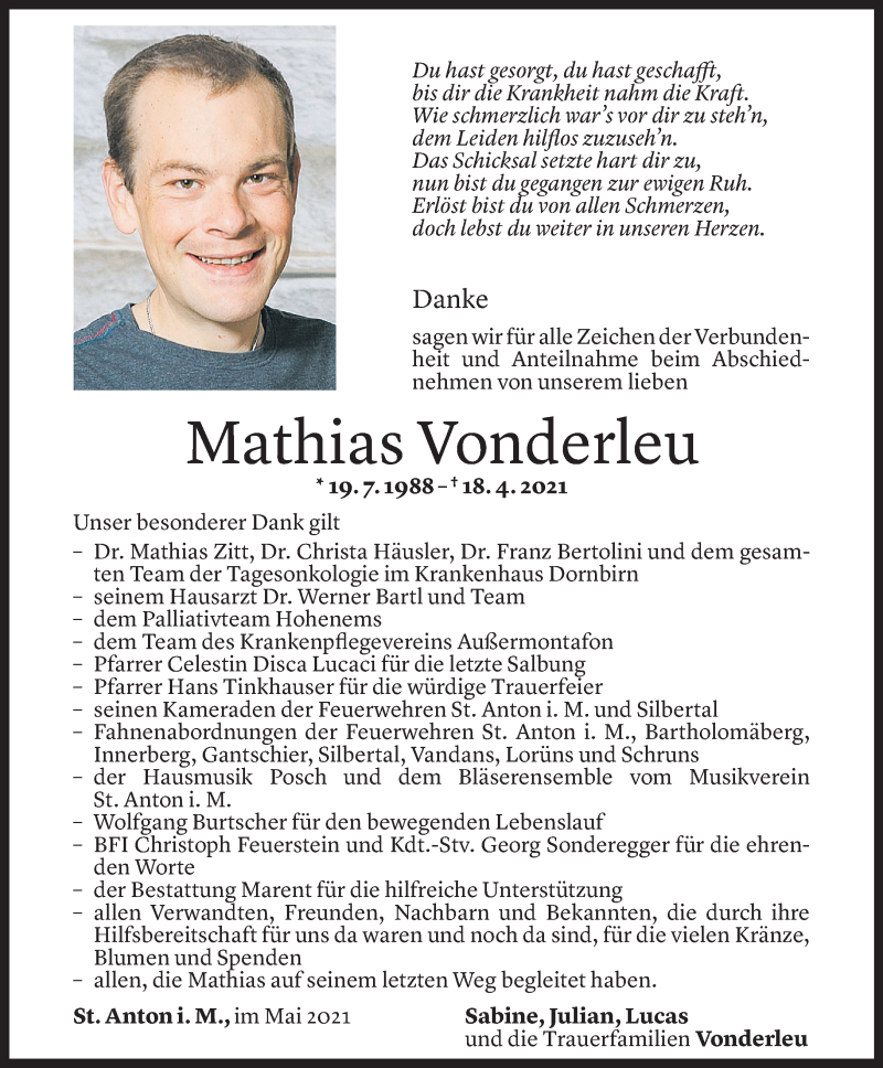  Todesanzeige für Mathias Vonderleu vom 28.05.2021 aus Vorarlberger Nachrichten