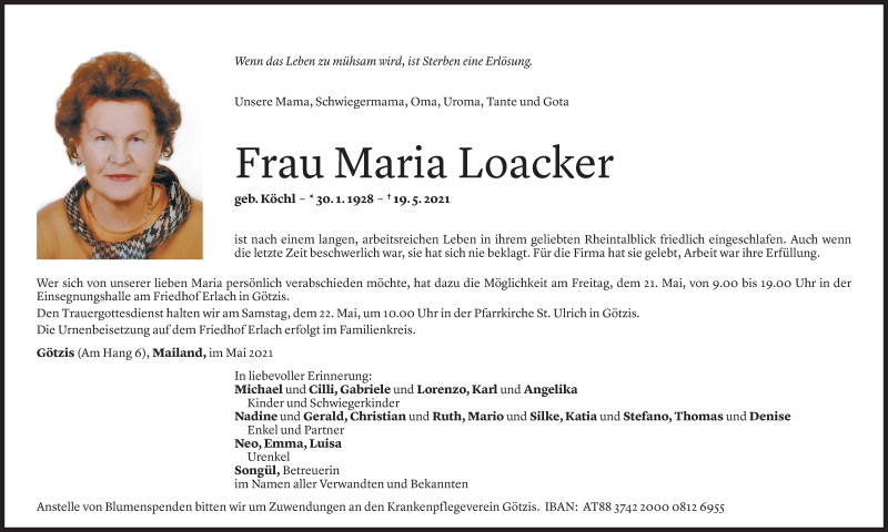 Todesanzeige für Maria Loacker vom 20.05.2021 aus Vorarlberger Nachrichten