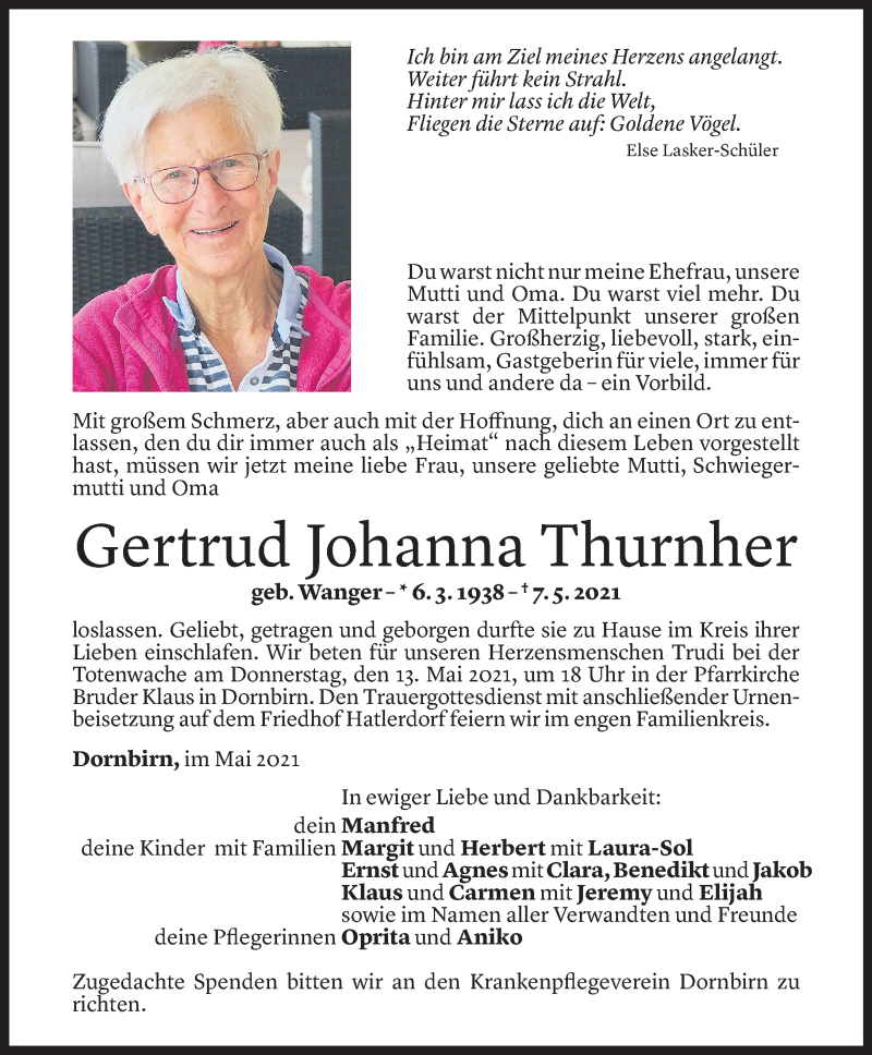  Todesanzeige für Gertrud Johanna Thurnher vom 11.05.2021 aus Vorarlberger Nachrichten