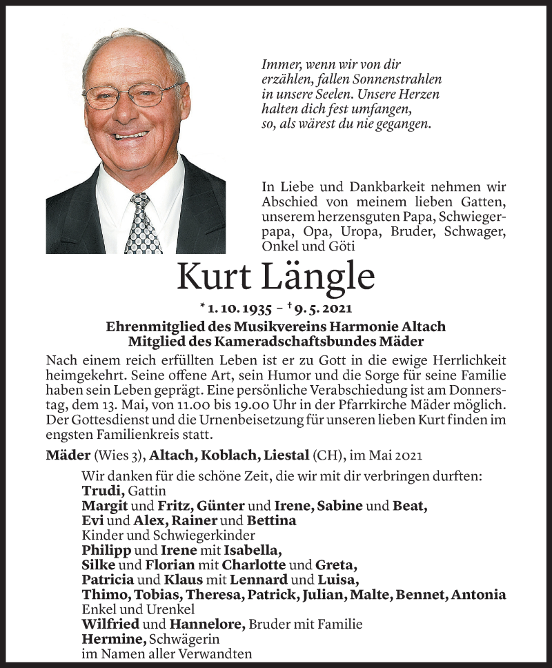  Todesanzeige für Kurt Längle vom 12.05.2021 aus Vorarlberger Nachrichten
