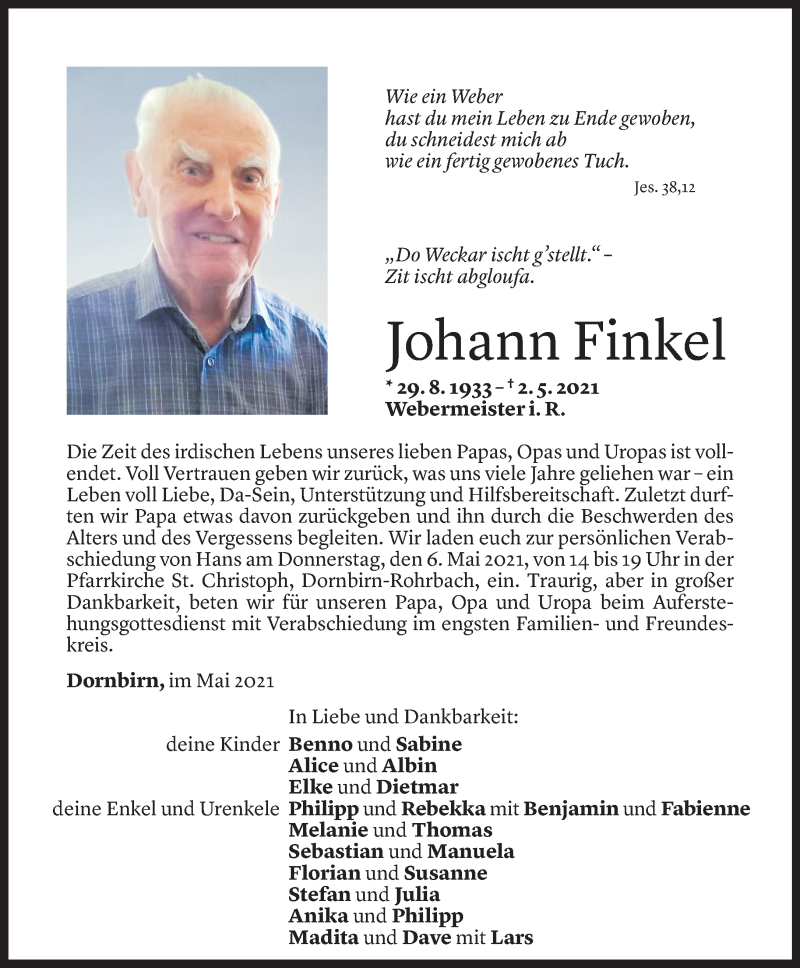  Todesanzeige für Johann Finkel vom 04.05.2021 aus Vorarlberger Nachrichten