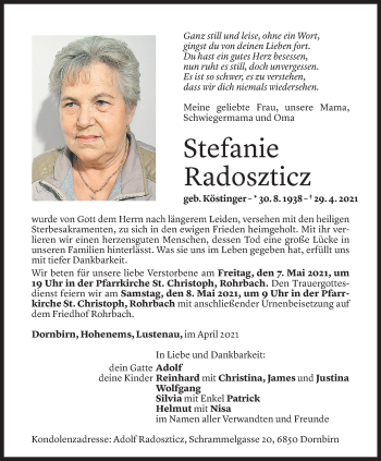 Todesanzeige von Stefanie Radoszticz von Vorarlberger Nachrichten