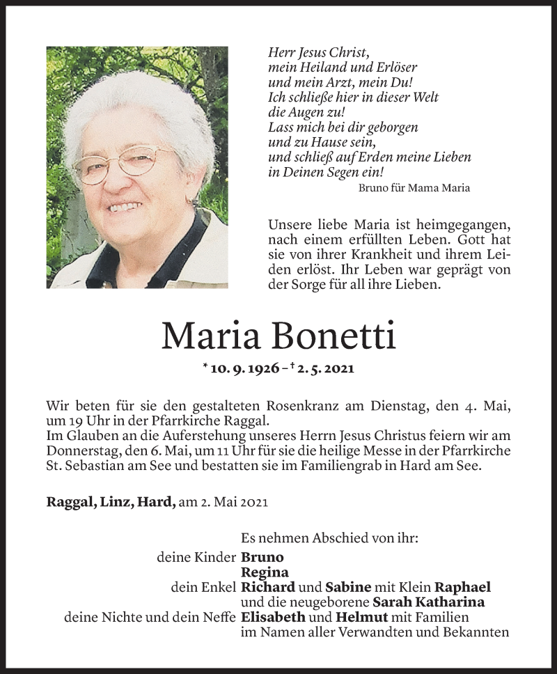  Todesanzeige für Maria Bonetti vom 03.05.2021 aus Vorarlberger Nachrichten