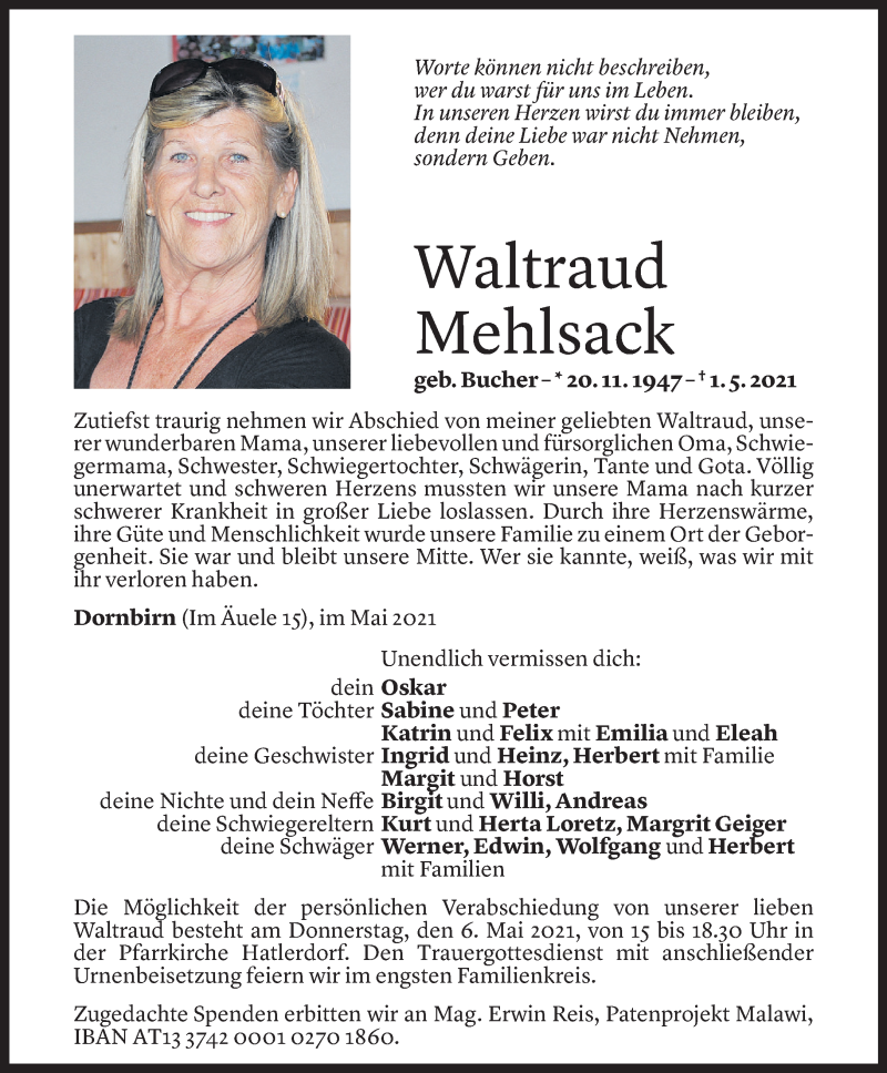  Todesanzeige für Waltraud Mehlsack vom 03.05.2021 aus Vorarlberger Nachrichten