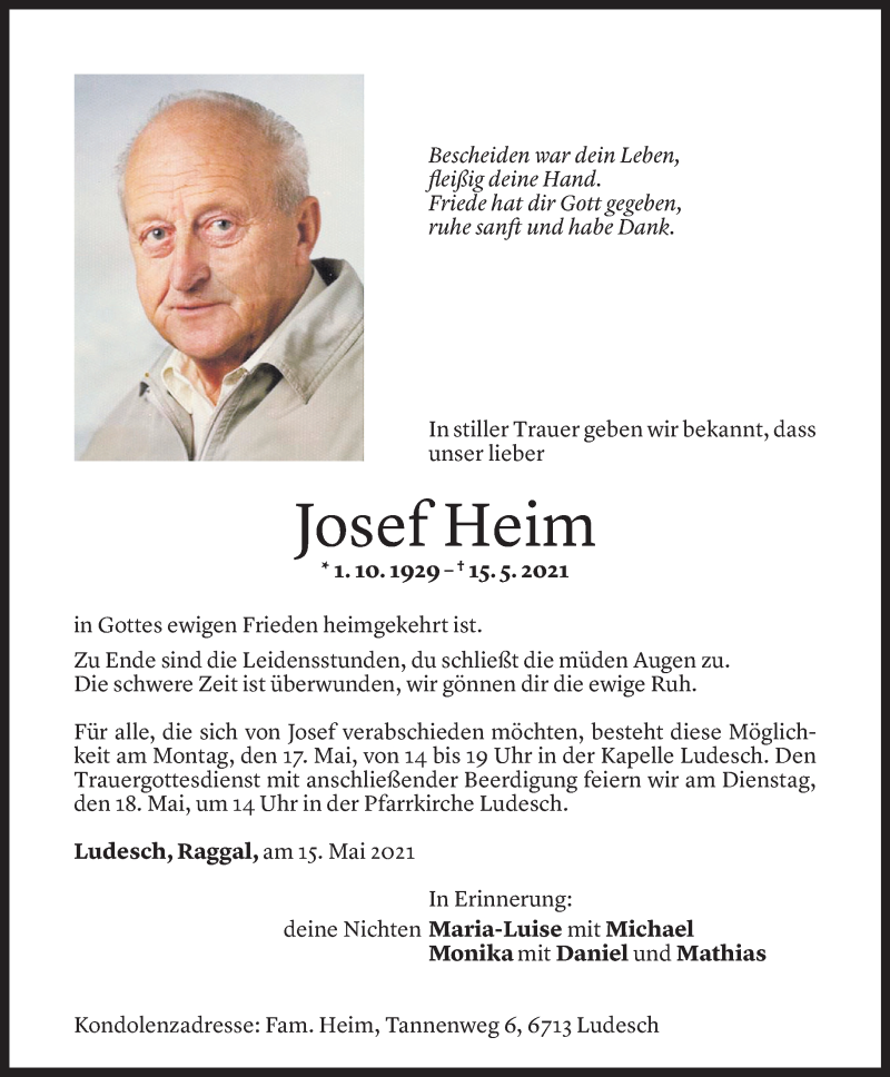  Todesanzeige für Josef Heim vom 16.05.2021 aus Vorarlberger Nachrichten