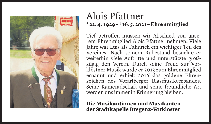  Todesanzeige für Alois Pfattner vom 21.05.2021 aus Vorarlberger Nachrichten