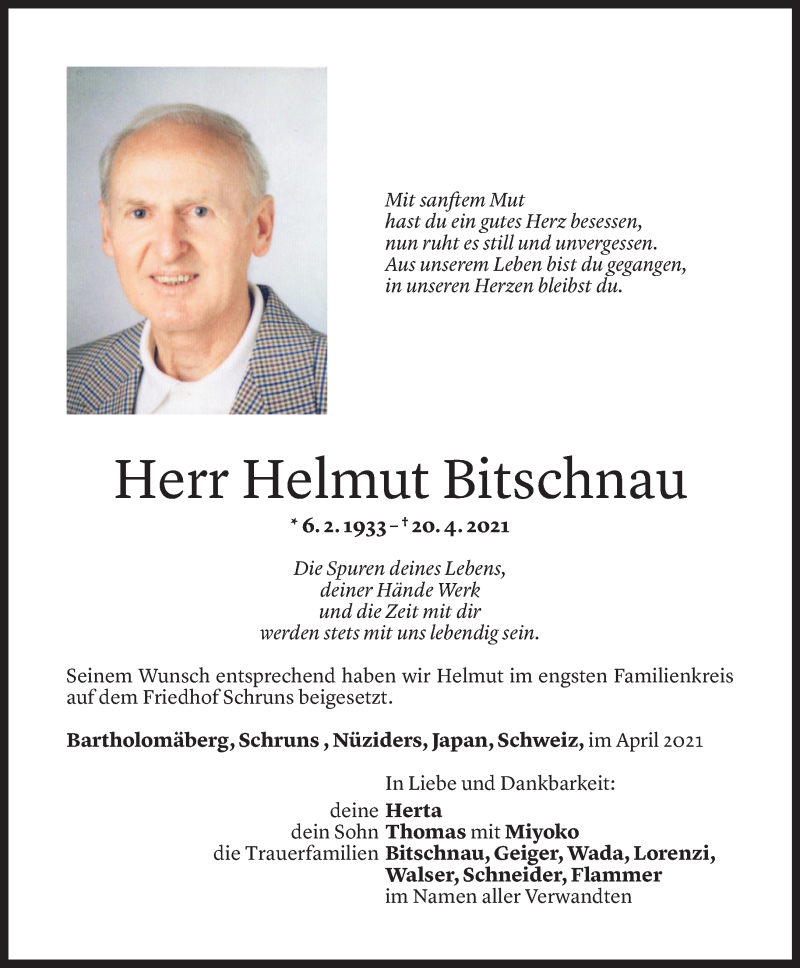  Todesanzeige für Helmut Bitschnau vom 03.05.2021 aus Vorarlberger Nachrichten