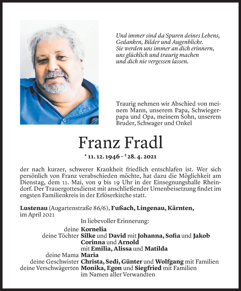  Todesanzeige für Franz Fradl vom 08.05.2021 aus Vorarlberger Nachrichten