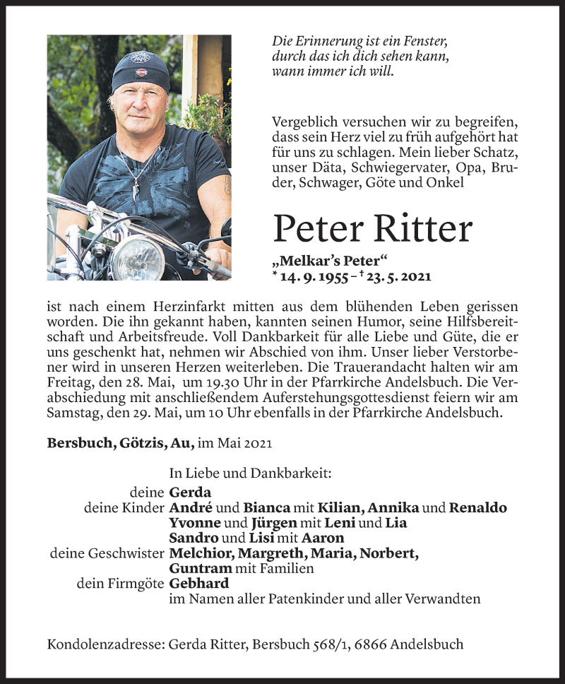  Todesanzeige für Peter Ritter vom 26.05.2021 aus Vorarlberger Nachrichten
