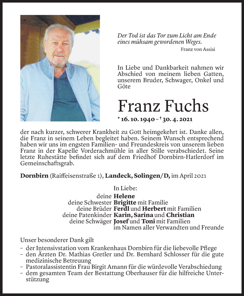  Todesanzeige für Franz Fuchs vom 08.05.2021 aus Vorarlberger Nachrichten