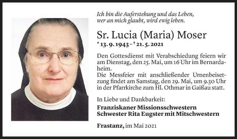  Todesanzeige für Lucia Moser vom 24.05.2021 aus Vorarlberger Nachrichten