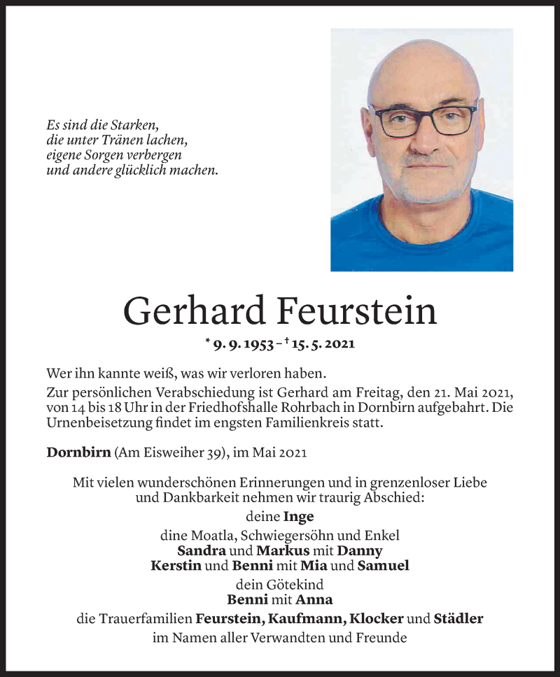  Todesanzeige für Gerhard Feurstein vom 19.05.2021 aus Vorarlberger Nachrichten