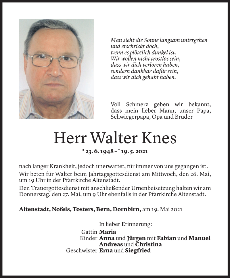  Todesanzeige für Walter Knes vom 24.05.2021 aus Vorarlberger Nachrichten