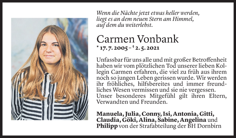  Todesanzeige für Carmen Vonbank vom 05.05.2021 aus Vorarlberger Nachrichten