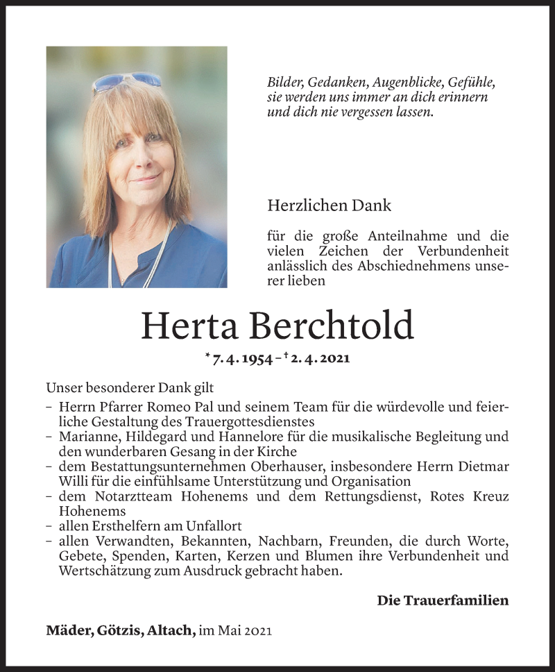  Todesanzeige für Herta Berchtold vom 04.05.2021 aus Vorarlberger Nachrichten