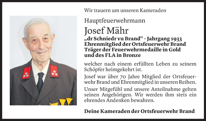  Todesanzeige für Josef Mähr vom 04.05.2021 aus Vorarlberger Nachrichten
