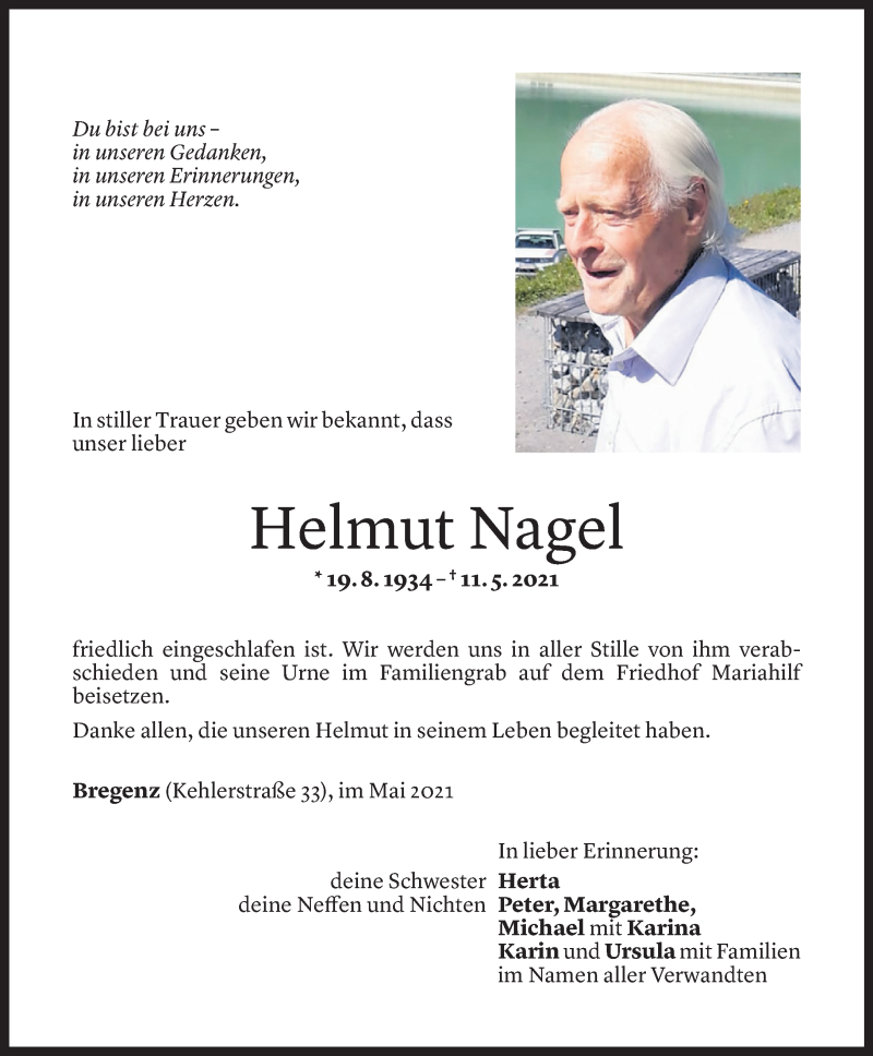 Todesanzeigen von Helmut Nagel Todesanzeigen Vorarlberger Nachrichten