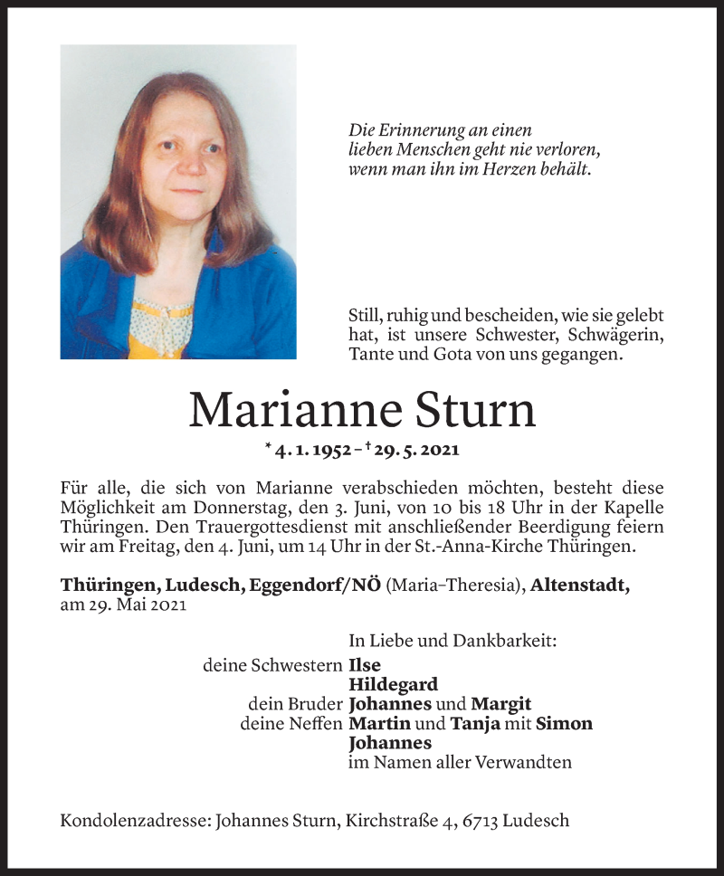  Todesanzeige für Marianne Sturn vom 01.06.2021 aus Vorarlberger Nachrichten