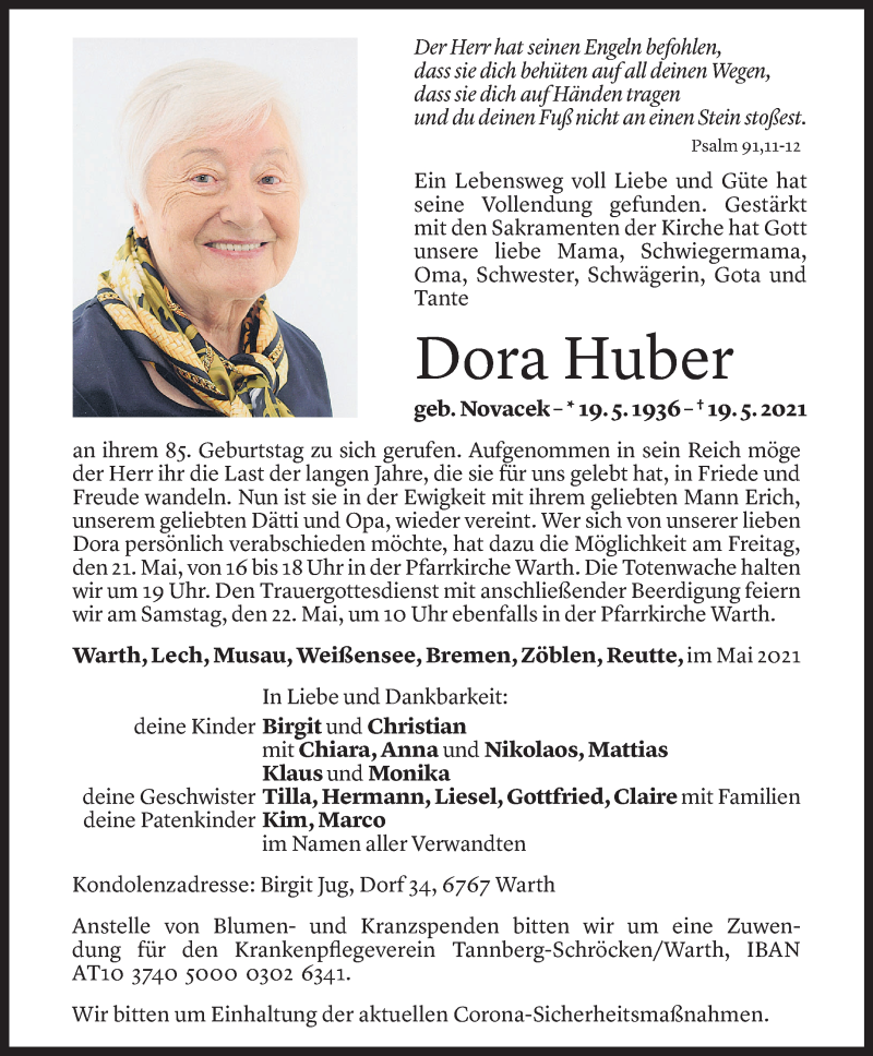  Todesanzeige für Dora Huber vom 20.05.2021 aus Vorarlberger Nachrichten