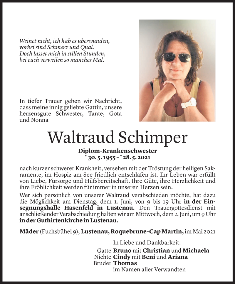  Todesanzeige für Waltraud Schimper vom 30.05.2021 aus Vorarlberger Nachrichten