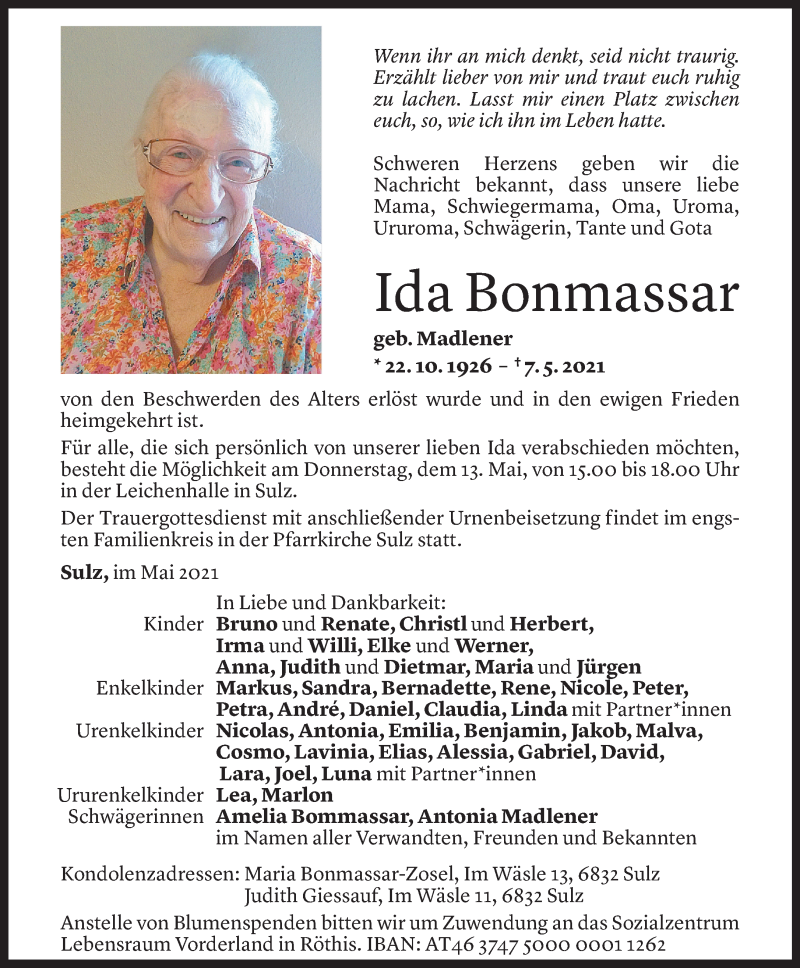  Todesanzeige für Ida Bonmassar vom 11.05.2021 aus Vorarlberger Nachrichten