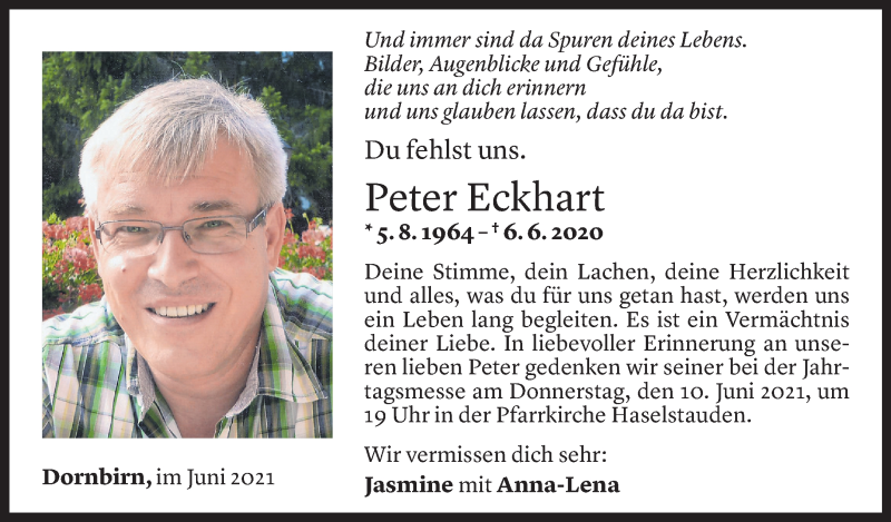  Todesanzeige für Peter Eckhart vom 05.06.2021 aus Vorarlberger Nachrichten