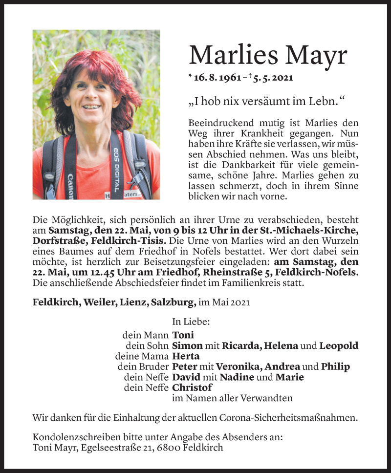  Todesanzeige für Marlies Mayr vom 19.05.2021 aus Vorarlberger Nachrichten