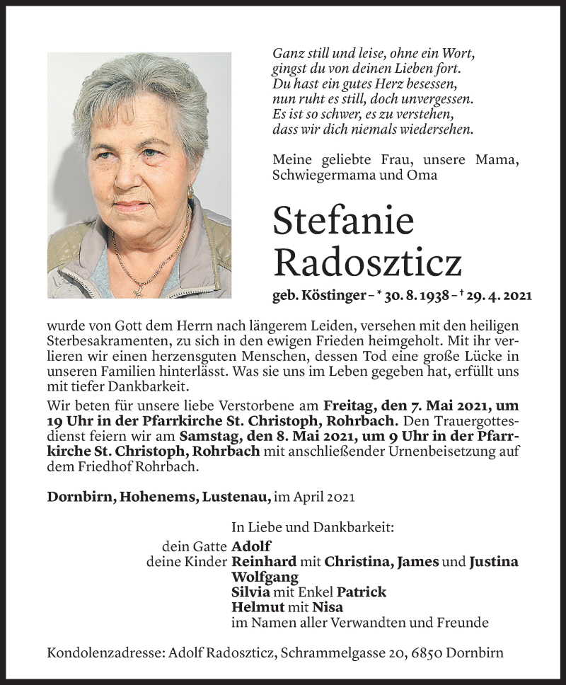  Todesanzeige für Stefanie Radoszticz vom 04.05.2021 aus Vorarlberger Nachrichten