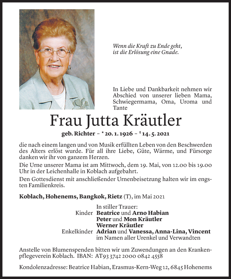  Todesanzeige für Jutta Kräutler vom 18.05.2021 aus Vorarlberger Nachrichten