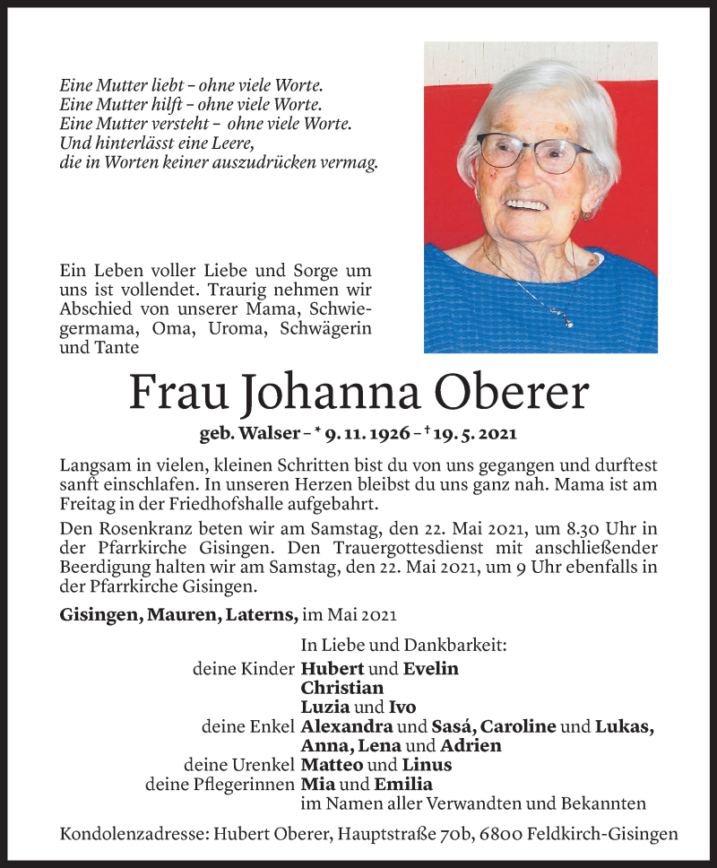  Todesanzeige für Johanna Oberer vom 19.05.2021 aus Vorarlberger Nachrichten
