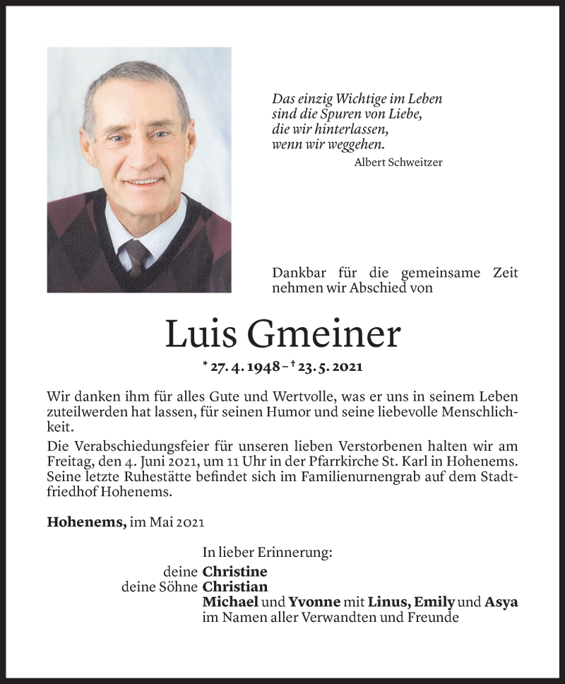  Todesanzeige für Luis Gmeiner vom 01.06.2021 aus Vorarlberger Nachrichten
