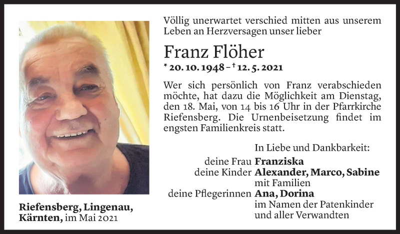  Todesanzeige für Franz Flöher vom 16.05.2021 aus Vorarlberger Nachrichten