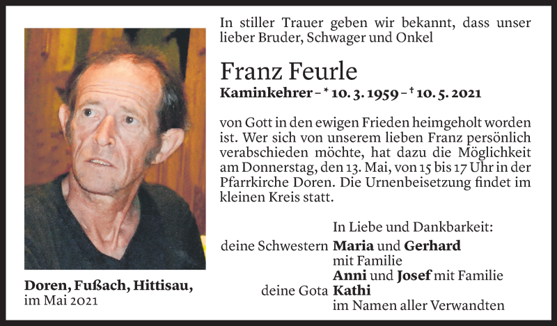  Todesanzeige für Franz Feurle vom 12.05.2021 aus Vorarlberger Nachrichten
