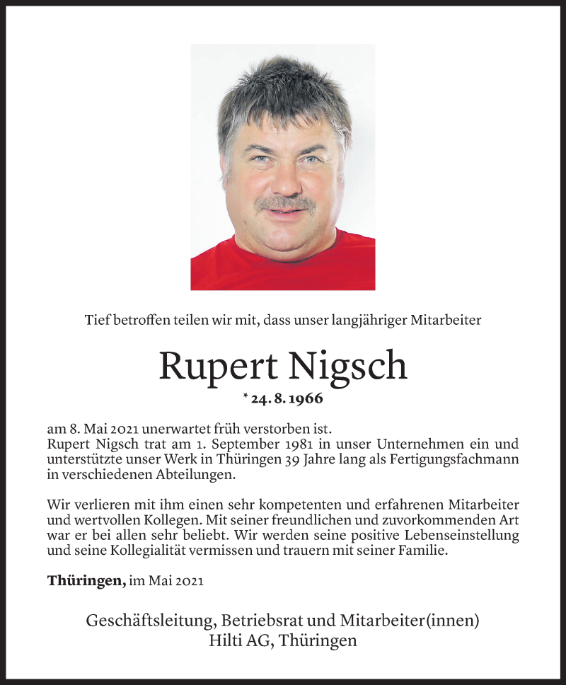  Todesanzeige für Rupert Nigsch vom 10.05.2021 aus Vorarlberger Nachrichten