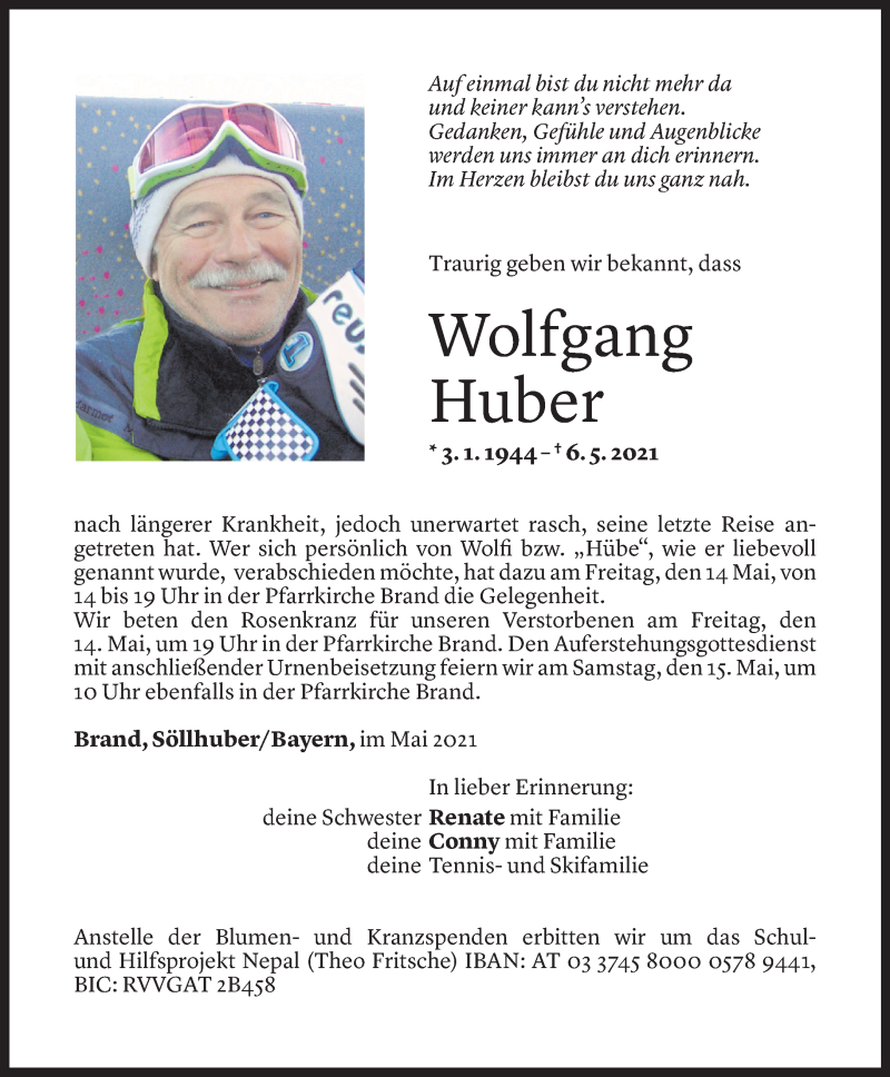  Todesanzeige für Wolfgang Huber vom 10.05.2021 aus Vorarlberger Nachrichten