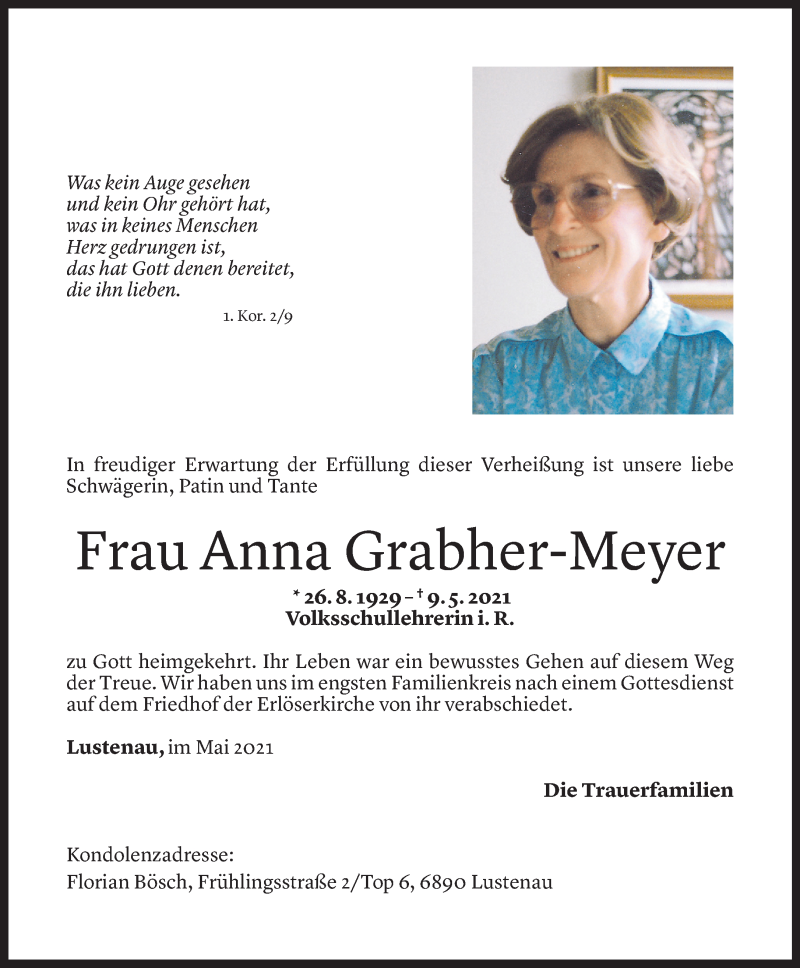  Todesanzeige für Anna Grabher-Meyer vom 15.05.2021 aus Vorarlberger Nachrichten