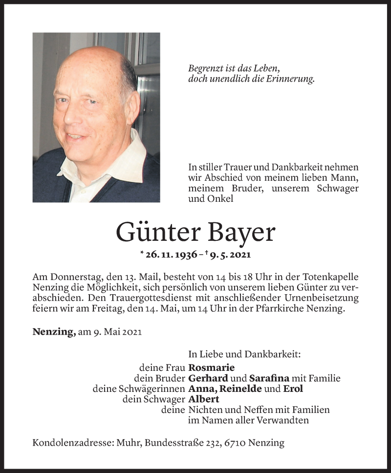  Todesanzeige für Günter Bayer vom 12.05.2021 aus Vorarlberger Nachrichten